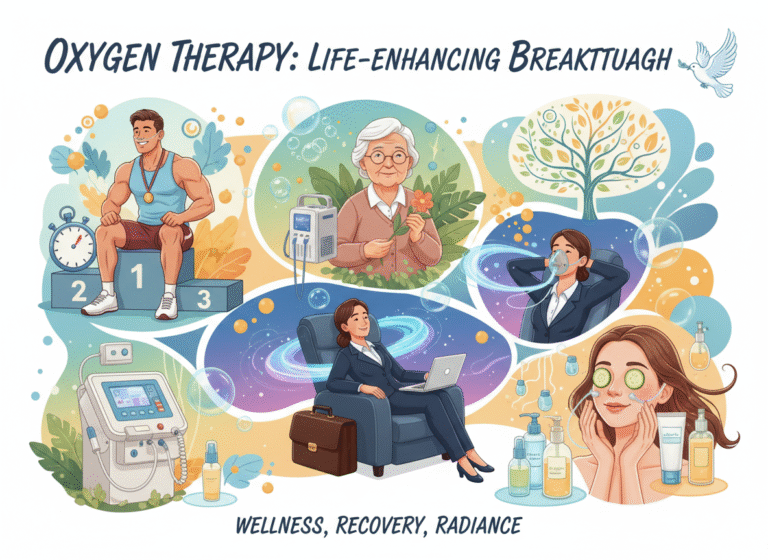 Oxygen therapy life-enhancing breakthrough illustration showing diverse people benefiting from treatment - athlete with medal, elderly woman with oxygen device, business professionals relaxing in therapy chairs, and woman with glowing skin surrounded by beauty products, representing wellness, recovery and radiance benefits